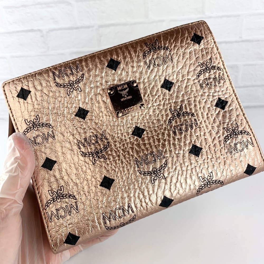MCM Champagne Gold Visetos Canvas Small Zip Top Pouch Clutch Purse $325